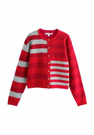 Rød og grå vandret striped cardigan med knapper, lange ærmer og rund halsudskæring.
