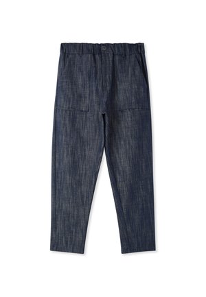 Pantaloni leggeri blu scuro con vita elastica, due tasche frontali e un tessuto strutturato per un maggiore interesse visivo.