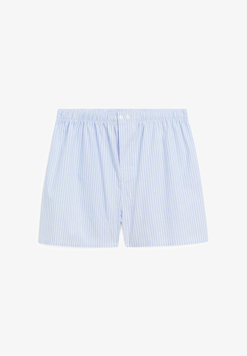 Light blue cotton boxers with thin white vertical stripes, elastic waistband, and two front buttons for closure. Soft texture and relaxed fit.