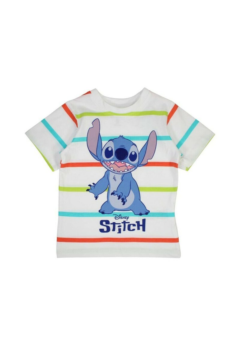T-shirt blanc à manches courtes avec des rayures horizontales colorées en bleu, orange, vert et un motif imprimé d'un personnage bleu nommé Stitch.