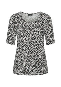 Schwarzes Blumenshortshirt mit kurzen Ärmeln und rundem Halsausschnitt, verziert mit kleinen weißen und rosa Blumen, die über den strukturierten Stoff verteilt sind.