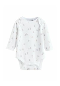 Valget pikkade varrukatega beebikehaülikond, millel on korduv karumustri helepruunides ja sinistes toonides. Valmistatud pehmest kangast, alumisel küljel trukkidega kinnitustega.