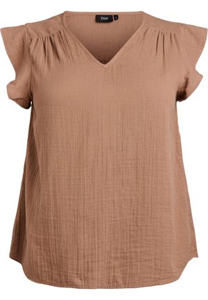 Brązowa bluzka z krótkim rękawem, dekoltem w serek i marszczeniami na ramionach, wykonana z teksturowanego, lekkiego materiału, o luźnym kroju.