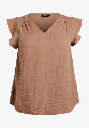 Blouse marron à manches courtes avec col en V et détails de tissu froncé aux épaules, matière texturée et légère, coupe ample.