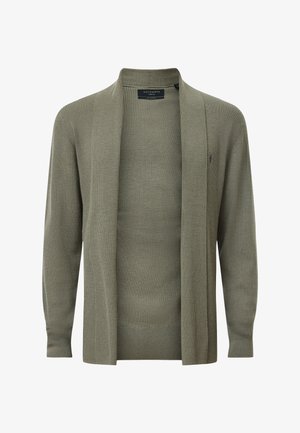 Avoin etukäteen neulepusero oliivinvihreästä ribbikankaasta. Ominaisuudet: pitkät hihat ja rento malli. Ei näkyviä kiinnityksiä tai kuvioita.