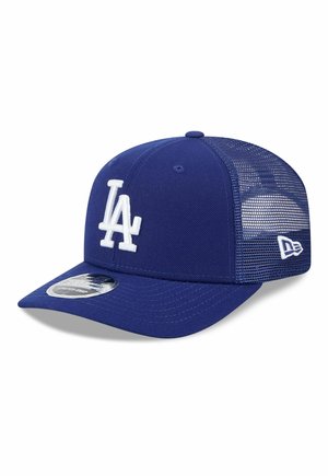 Blaues Baseball-Cap aus Netzstoff mit weißem "LA"-Logo vorne und gebogenem Schirm, ausgestattet mit verstellbarem Snapback-Verschluss.
