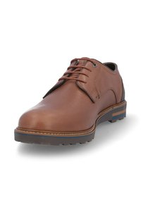 Zapato de cuero marrón con cordones, punta redondeada, parte superior texturizada, detalles de costura sutiles y suela de goma con patrón y acentos azules.