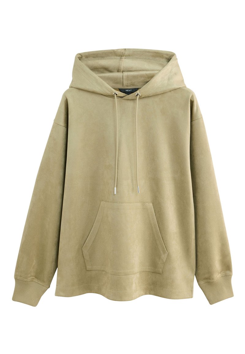 Kaki mikina s kapucňou z mäkkej tkaniny, vybavená predným vreckom, šnúrkami na stiahnutie a rebrovanými manžetami, s voľným strihom a hladkou textúrou.