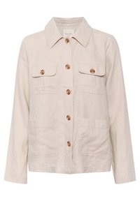 Beige langærmet knapjakke med krave, to øverste lomme med klap og knapper samt to nederste åbne lommer.