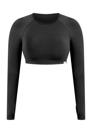 Sort langærmet crop top med crew neck og tommelhuller i ærmerne, lavet af sømløst strækbart stof.