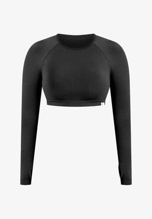 Sort langærmet crop top med crew neck og tommelhuller i ærmerne, lavet af sømløst strækbart stof.