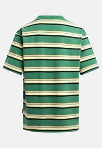 Green short-sleeve t-shirt with horizontal stripes in black, cream, and yellow. Features a standard collar and a relaxed fit.
