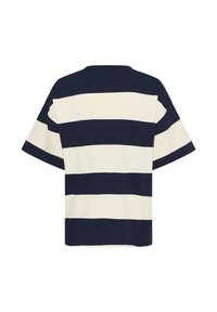 Navy and cream striped short-sleeve t-shirt with a round neckline. Features a relaxed fit and soft fabric texture.