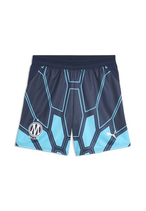 Short de sport bleu foncé avec motif géométrique bleu clair, taille élastique, logo du club de football de Marseille et logo Puma blanc sur le devant.