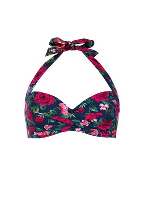 Granatowy halter bikini z nadrukiem czerwonych i różowych róż, zawiązywany na kokardę na szyi, z marszczeniem na środku przodu.