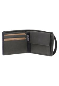 Cartera de cuero gris oscuro con múltiples ranuras para tarjetas, un compartimento con cremallera y un interior texturizado para mayor agarre. Diseño compacto y funcional.