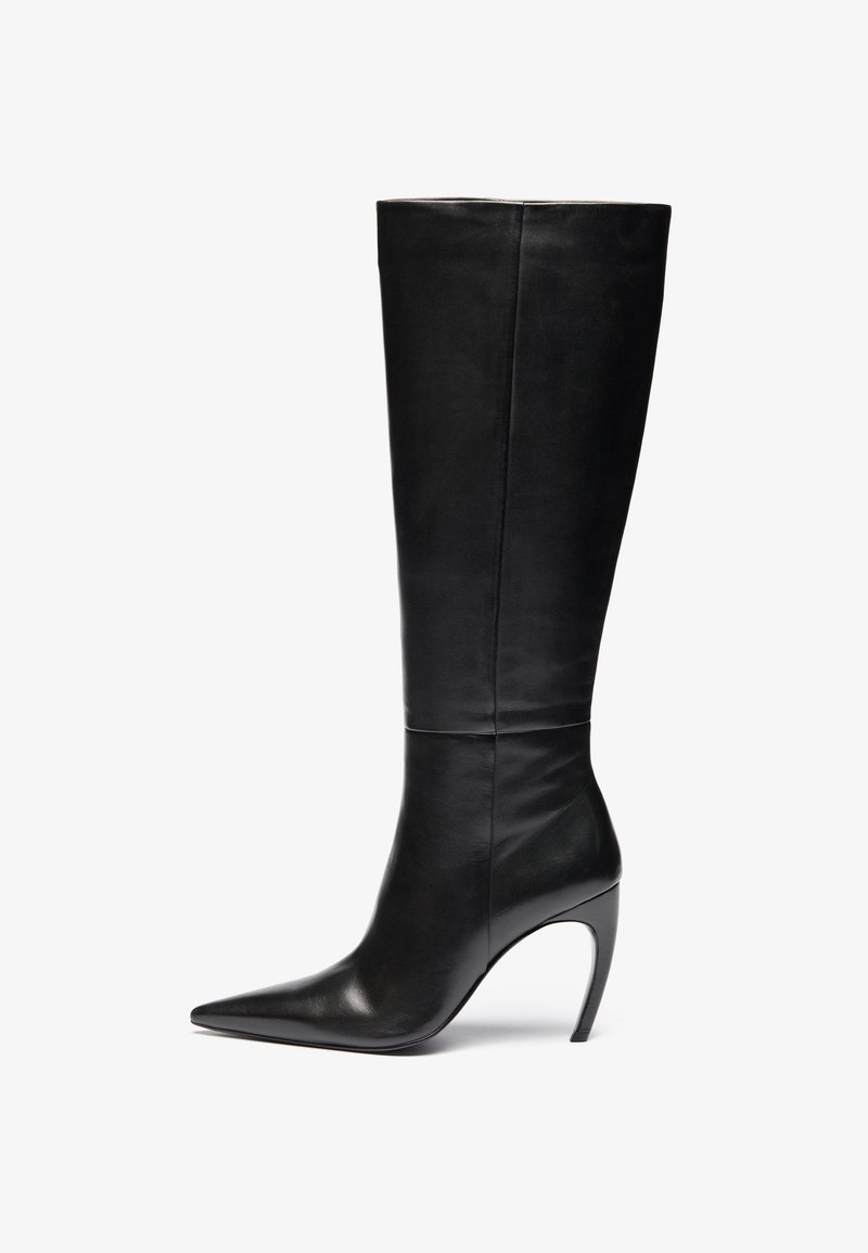 Black leather knee-high boot with a pointed toe and high stiletto heel; sleek, smooth texture with subtle seams and no visible hardware.