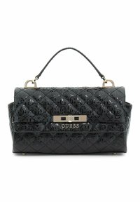 Sort quiltet håndtaske med tekstureret mønster, guldfarvede detaljer og et håndtag på toppen. Har en frontlås og logo-detaljer på forsiden.