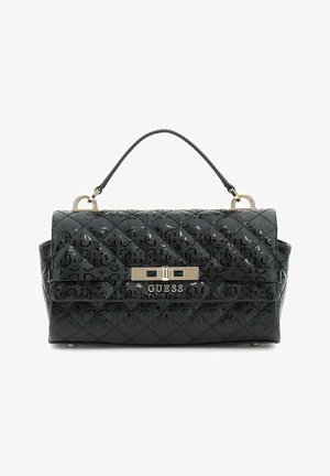 Zwarte, gewatteerde handtas met een textuurpatroon, gouden hardware en een bovenhandvat. Beschikt over een voorste sluiting en logo-accenten aan de voorkant.