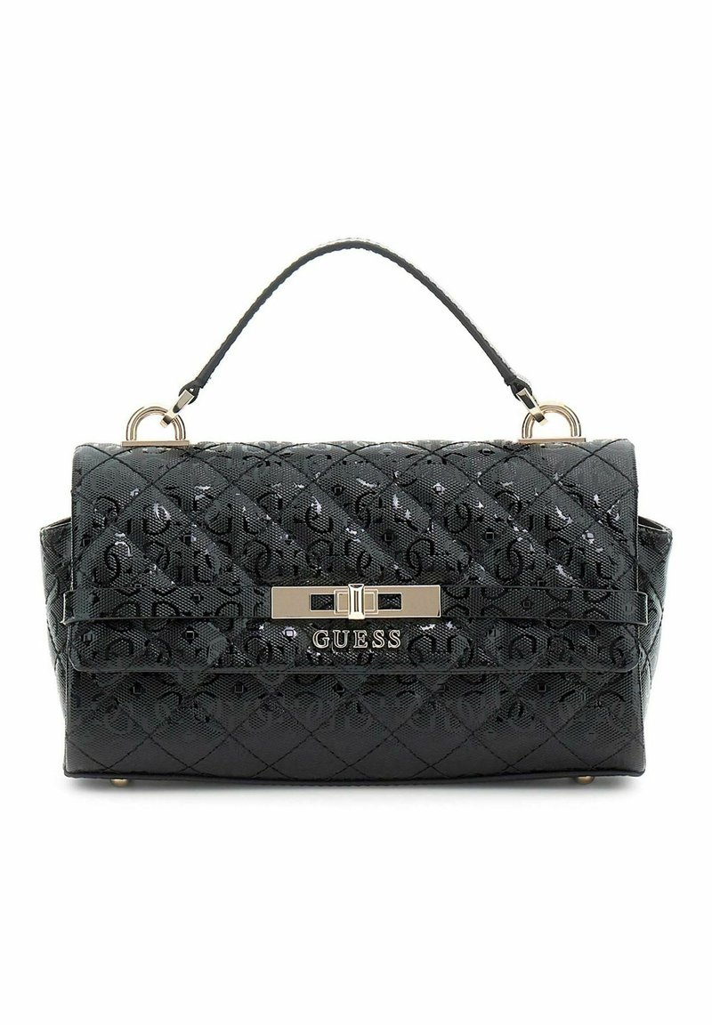 Sort quiltet håndtaske med tekstureret mønster, guldfarvede detaljer og et håndtag på toppen. Har en frontlås og logo-detaljer på forsiden.