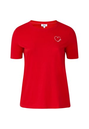 Rotes Baumwoll-T-Shirt mit rundem Ausschnitt und kurzen Ärmeln. Mit einem kleinen gestickten Herzen und dem Wort "schön" in Weiß.