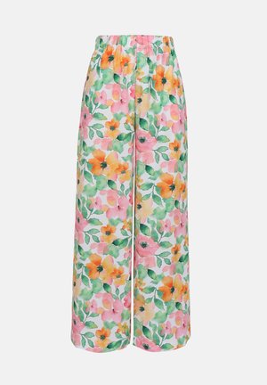 Pantaloni a gamba larga floreali con stampa multicolore di fiori rosa, arancioni e verdi su uno sfondo bianco. Vita elasticizzata.