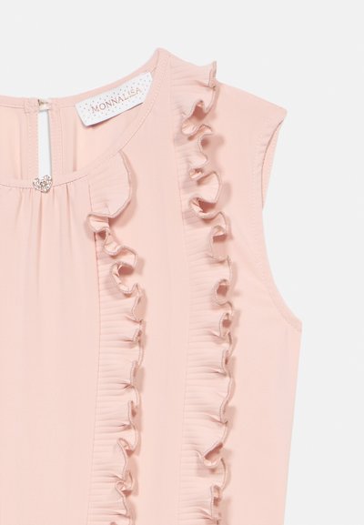 Ροζ ανοιχτό ροζ φόρεμα χωρίς μανίκια με κάθετες βαλάντες στο εμπρός μέρος και ένα μικρό κουμπί σε σχήμα καρδιάς κοντά στ ον λαιμό.