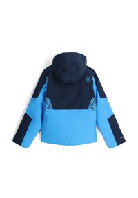 Blau- und marinefarbener wasserdichter Jacke mit Kapuze. Merkmale sind das Spinnenlogo und das Netzmuster, kontrastierende Einsätze und lange Ärmel. Glatte Textur.