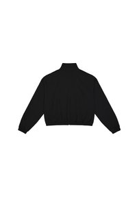 Veste noire cropped avec un col haut, une taille élastique et des manches longues. Fabriquée en tissu lisse sans fermetures ni détails visibles.