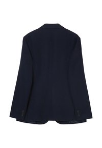Marineblazer mit strukturiertem Design, mit Revers, langen Ärmeln und Knopfdetails an den Manschetten. Glatte Textur, keine sichtbaren Taschen.