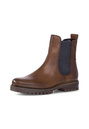 Bottine Chelsea en cuir marron avec des panneaux élastiques sur les côtés, des accents en tissu texturé, un bout rond et une semelle en caoutchouc durable.