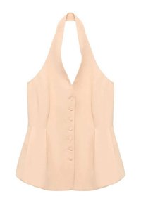 Pfirsichfarbener Neckholder-Top mit V-Ausschnitt, vorderer Knopfleiste und plissiertem Saum. Verfügt über eine glatte Textur und ein strukturiertes Design.