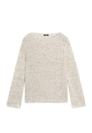 Maglione a maniche lunghe di colore grigio chiaro, lavorato a maglia, con scollo rotondo e vestibilità leggermente ampia.