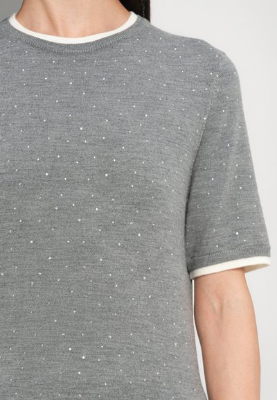 Gray knit short-sleeve sweater with white trim and scattered silver embellishments. Smooth texture, round neckline, and relaxed fit.