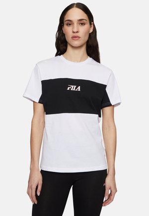 White and black cotton T-shirt with a horizontal color block design. Features a small red and white "FILA" logo on the chest.