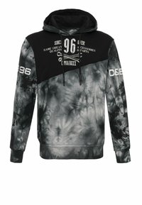 Sweatshirt met capuchon in zwart- en grijs tie-dye patroon. Voorzien van een frontgrafiek met tekst, trekkoorden en geribbelde boorden.
