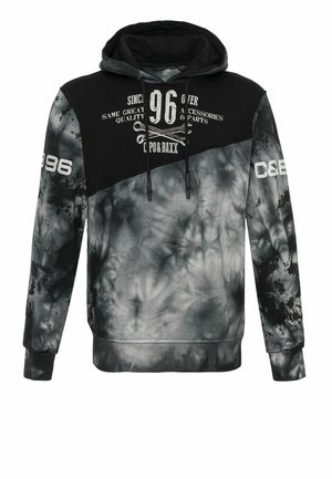 Sweatshirt met capuchon in zwart- en grijs tie-dye patroon. Voorzien van een frontgrafiek met tekst, trekkoorden en geribbelde boorden.