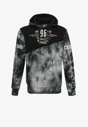 Sweat à capuche noir avec motif tie-dye gris. Il présente un graphisme à l'avant avec du texte, des cordons de serrage et des poignets côtelés.