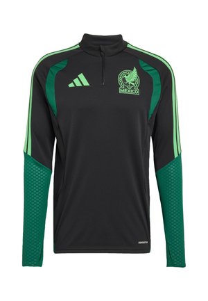 Schwarzes, langärmeliges Sportoberteil mit grünen Akzenten an den Schultern, ausgestattet mit einem halben Reißverschluss am Kragen und strukturierten Ärmeln, mit dem Mexico-Logo.