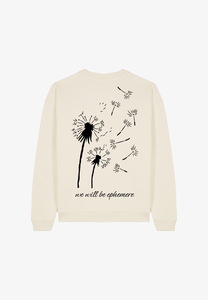 Tejfehér pulóver, amelyen fekete pitypang minta található, és alul írásos betűkkel a következő szöveg olvasható: "mi efemerek leszünk".