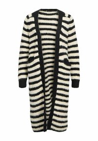 Schwarz-weiß gestreifter langer Cardigan mit offenem Vorderteil, gerippten Bündchen und weicher, flauschiger Textur. Zwei vordere Taschen inklusive.