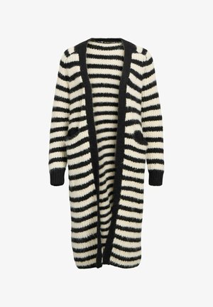 Zwart en crème gestreepte lange cardigan met open voorkant, geribde manchetten en een zijdezachte, fuzzy textuur. Inclusief twee voorzakken.