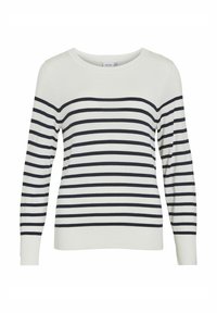 Suéter blanco de manga larga con rayas horizontales azul marino, con cuello redondo y puños acanalados. Material de punto suave con una textura lisa.