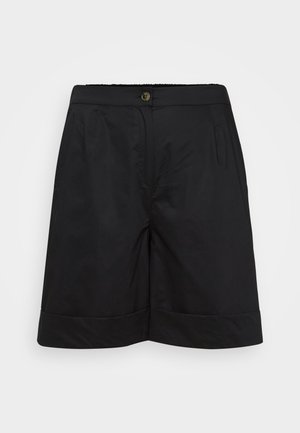 Shorts negri, până la genunchi, realizate dintr-un material ușor, cu o textură netedă, prevăzute cu buzunare frontale și un tiv îndoit. Închidere cu buton auriu la talie.