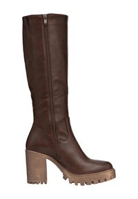 Stivale marrone in pelle alto fino al ginocchio, con punta arrotondata, tacco spesso e texture, zip laterale e superficie liscia.