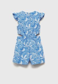 Modra romper z vzorcem listov v belem, kratkimi volanastimi rokavi, zapiranjem z gumbom na hrbtni strani in elastičnim pasom s kratkimi hlačami.