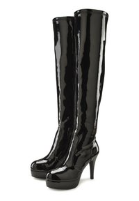 Knee-high black patent leather boots with a high heel, rounded toe, and side detailing; smooth, shiny texture with a sleek design.