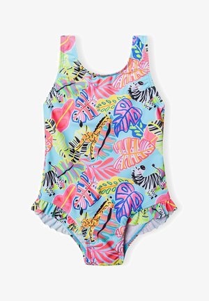 Bañador de una pieza colorido con un fondo azul, que presenta estampados vibrantes de animales y hojas. Incluye acentos con volantes en las piernas.