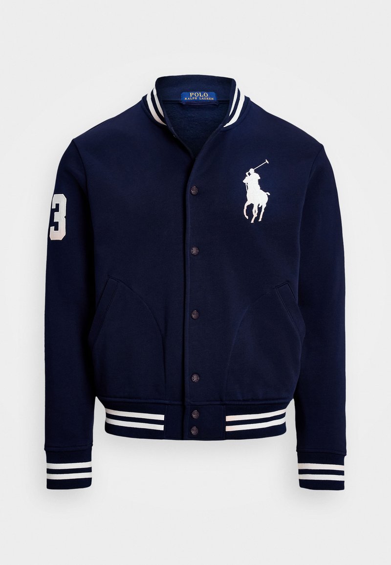 Mörkblå varsity-jacka i bomullsmix med vita ränder på kragen och ärmsluten, framfickor och en broderad logotyp.