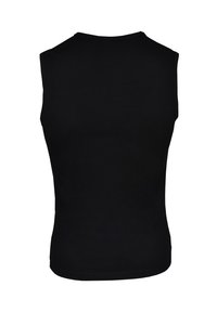 Schwarzes, ärmelloses Tanktop aus einem glatten, dehnbaren Stoff. Hat einen runden Halsausschnitt und eine figurbetonte Silhouette. Rückansicht.
